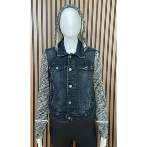 Free People‎ Women's Denim Jacket Knit Sleeve Faded Distressed Gray Zip Up